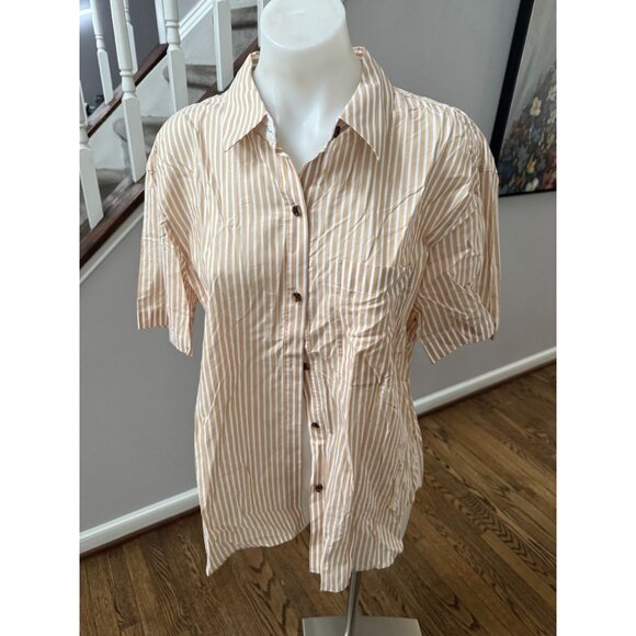 Lafayette 148 New York Short Sleeve Striped Cotton Button Down Shirt Blouse Sz L - Picture 1 of 2